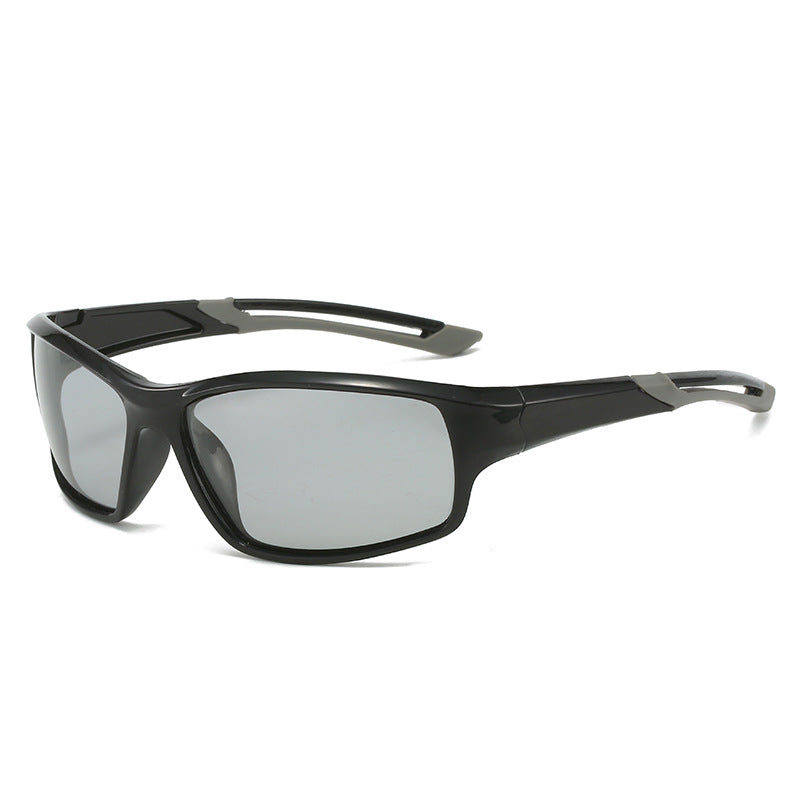 (12 PACK) Wholesale Sports Sunglasses Unisex New Arrival Polarized Night Vision Cycling Outdoor Sport 2024 - BulkSunglassesWholesale.com - Shiny Black Grey Temple Photochromic Black Lens