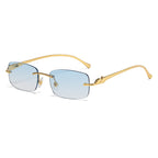 (6 PACK) Wholesale Sunglasses Unique Leopard Head Metal Rimless New Arrival Unisex 2025 - BulkSunglassesWholesale.com - Gold Frame Gradient Blue