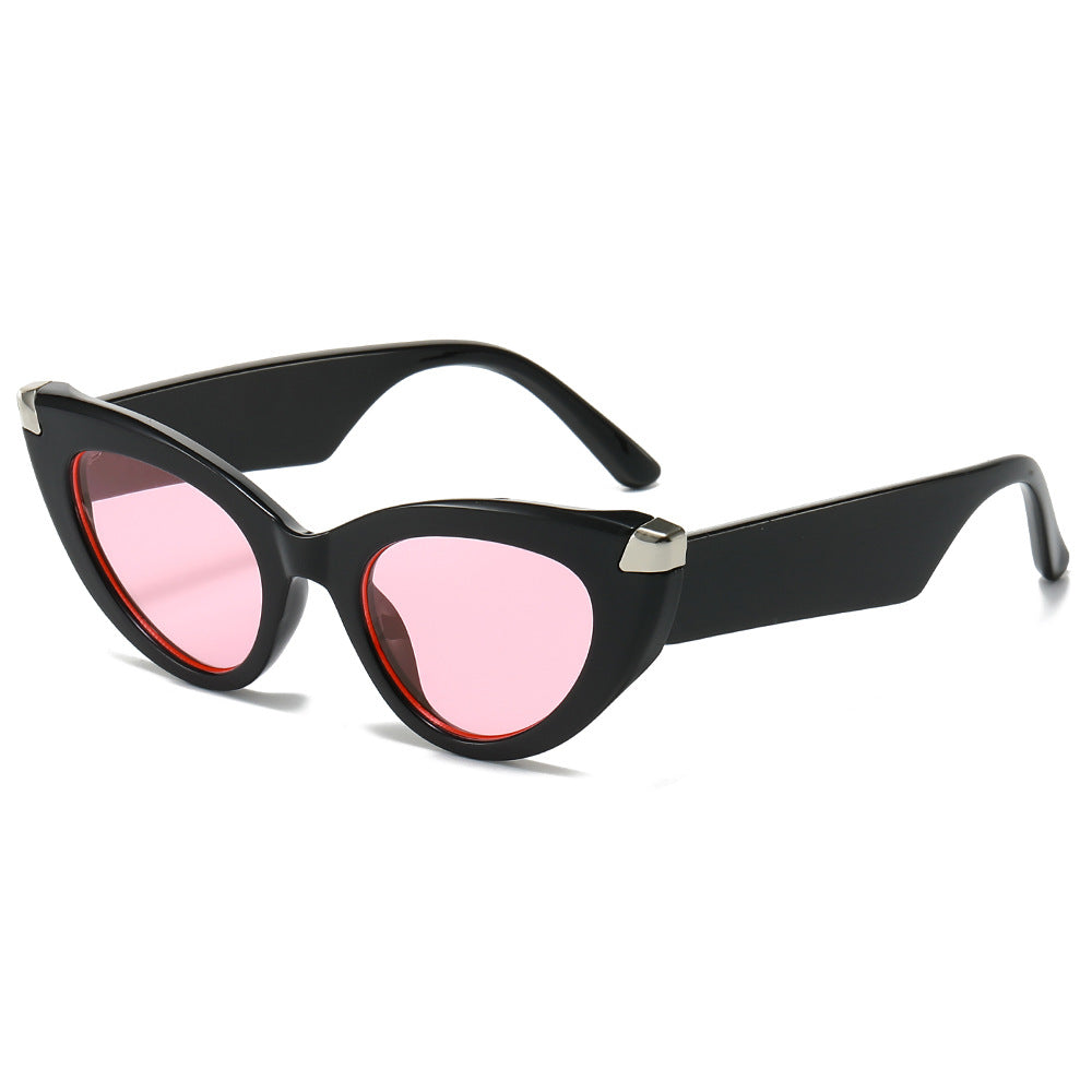 (6 PACK) Wholesale Sunglasses New Arrival Cat Eye Unique Fashion Street Women 2024 - BulkSunglassesWholesale.com - Black Frame Pink Lens