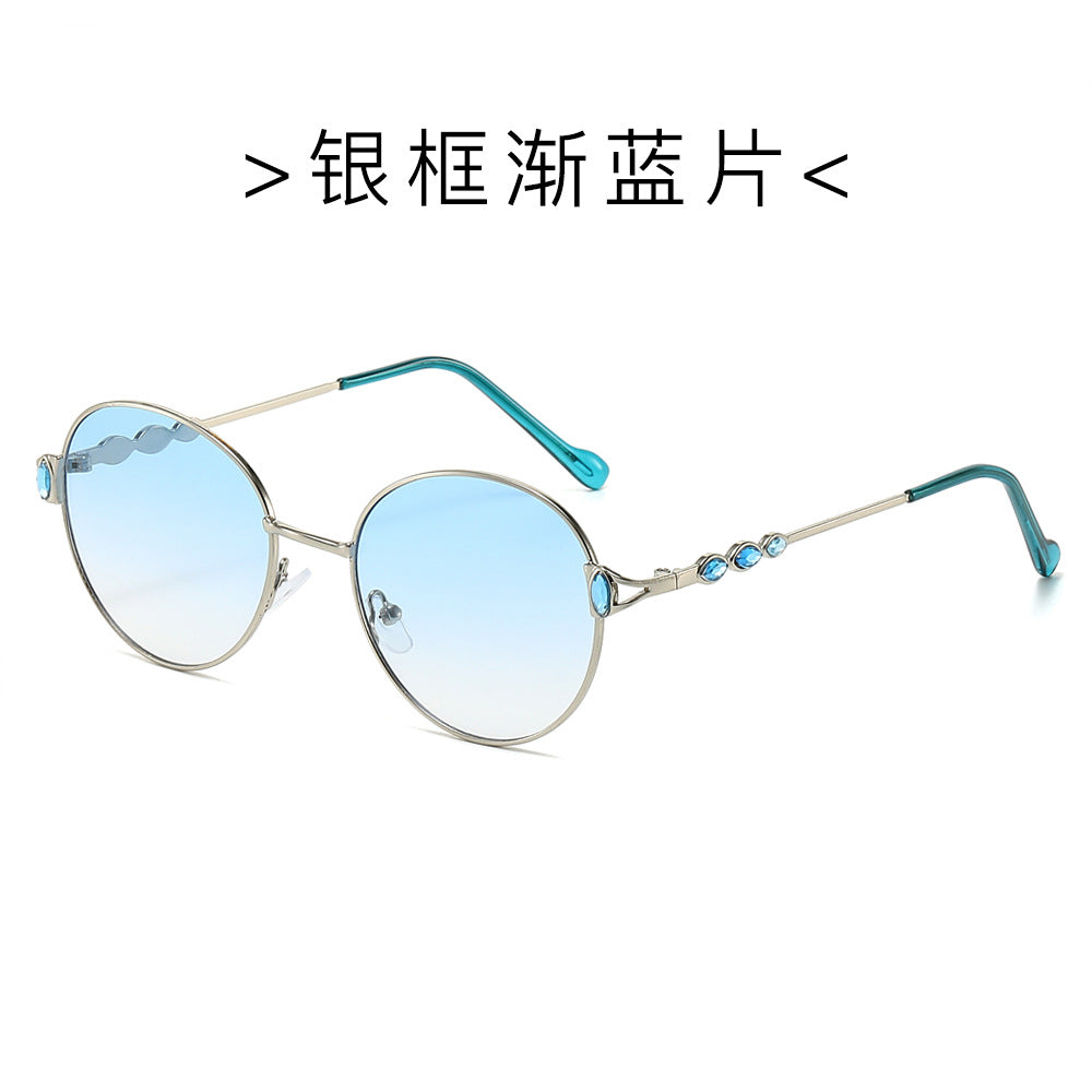 (6 PACK) Wholesale Sunglasses New Arrival Round Unique Metal Unisex Trendy Fashion 2024 - BulkSunglassesWholesale.com - Silver Frame Gradient Blue Lens