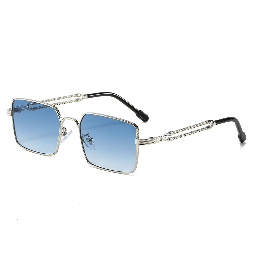 (6 PACK) Wholesale Sunglasses Square Trendy Street Metal Women Unique Fashion 2024 - BulkSunglassesWholesale.com - Silver Frame Gradient Blue Lens