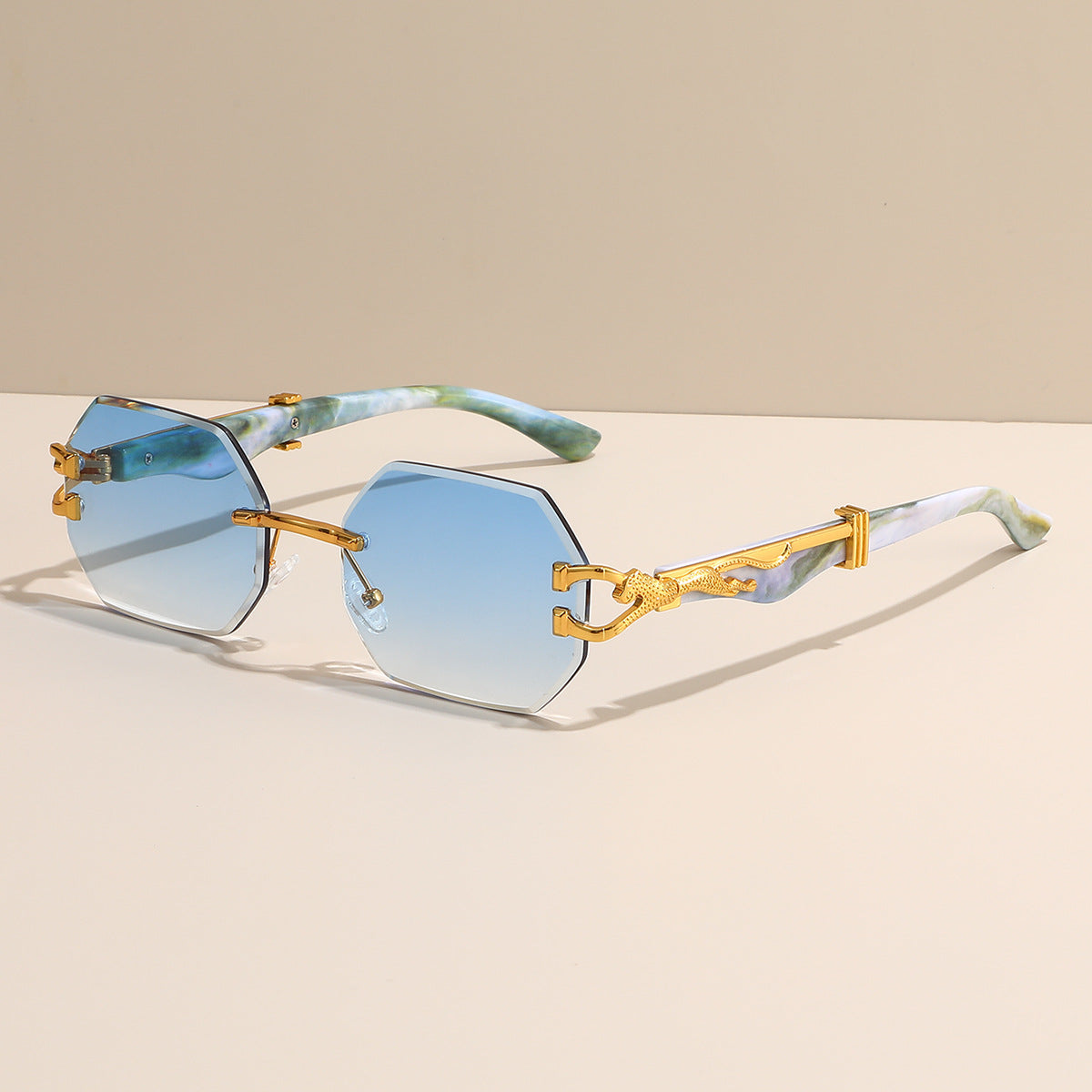 (6 PACK) Wholesale Sunglasses Rimless Cut Edge Fashion Square Trendy 2024 - BulkSunglassesWholesale.com - Temple Gradient Blue Lens
