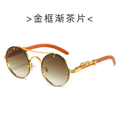 (6 PACK) Wholesale Sunglasses New Arrival Classic Vintage Double Bridge Leopard Head Men Metal Round 2024 - BulkSunglassesWholesale.com - Gold Frame Gradient Tea Lens