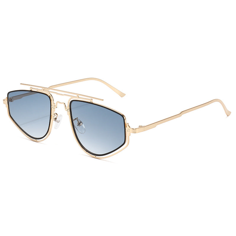 (6 PACK) Wholesale Sunglasses New Arrival Fashion Double Bridge Outdoor Square 2024 - BulkSunglassesWholesale.com - Gold Frame Gradient Blue Lens