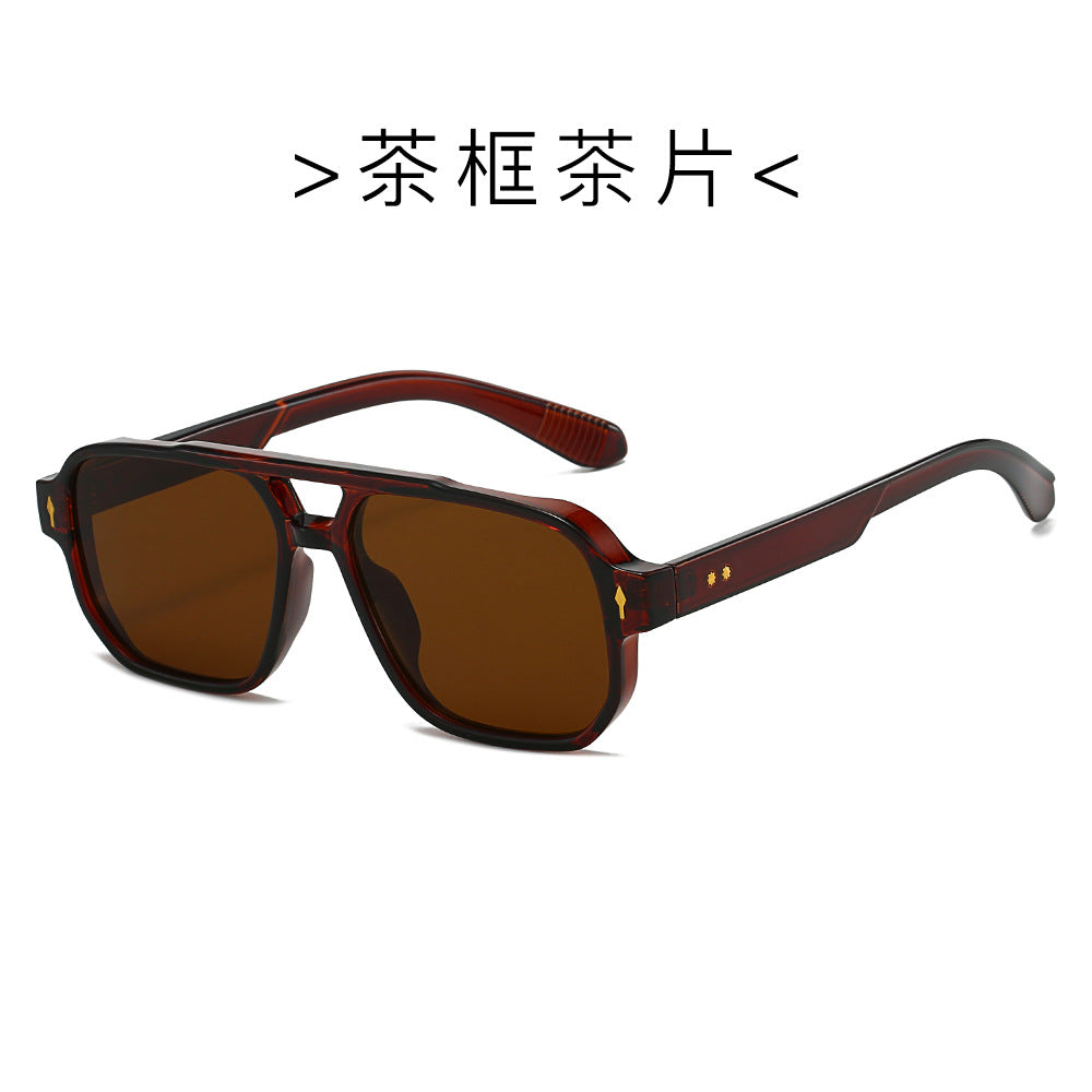 (6 PACK) Wholesale Sunglasses New Arrival Fashion Double Bridge Rivet Vintage 2024 - BulkSunglassesWholesale.com - Tea Frame Tea Lens