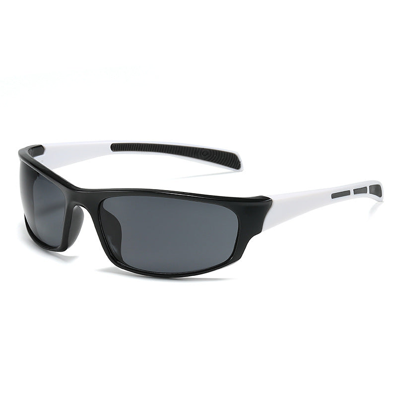 (12 PACK) Wholesale Sports Sunglasses New Arrival Unisex Outdoor Sport Cycling 2024 - BulkSunglassesWholesale.com - Black Frame White Temple Black Lens