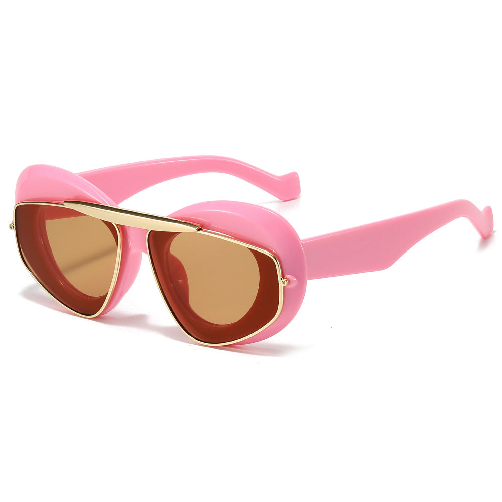 (6 PACK) Wholesale Sunglasses New Arrival Trendy Vintage Women Metal Unique Fashion 2024 - BulkSunglassesWholesale.com - Pink Frame Tea Lens