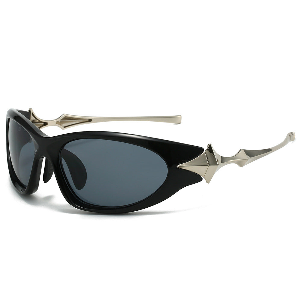 (6 PACK) Wholesale Sunglasses Star Cyber Punk Futuristic New Arrival Ninja Star 2024 - BulkSunglassesWholesale.com - Silver Black Frame Black Lens