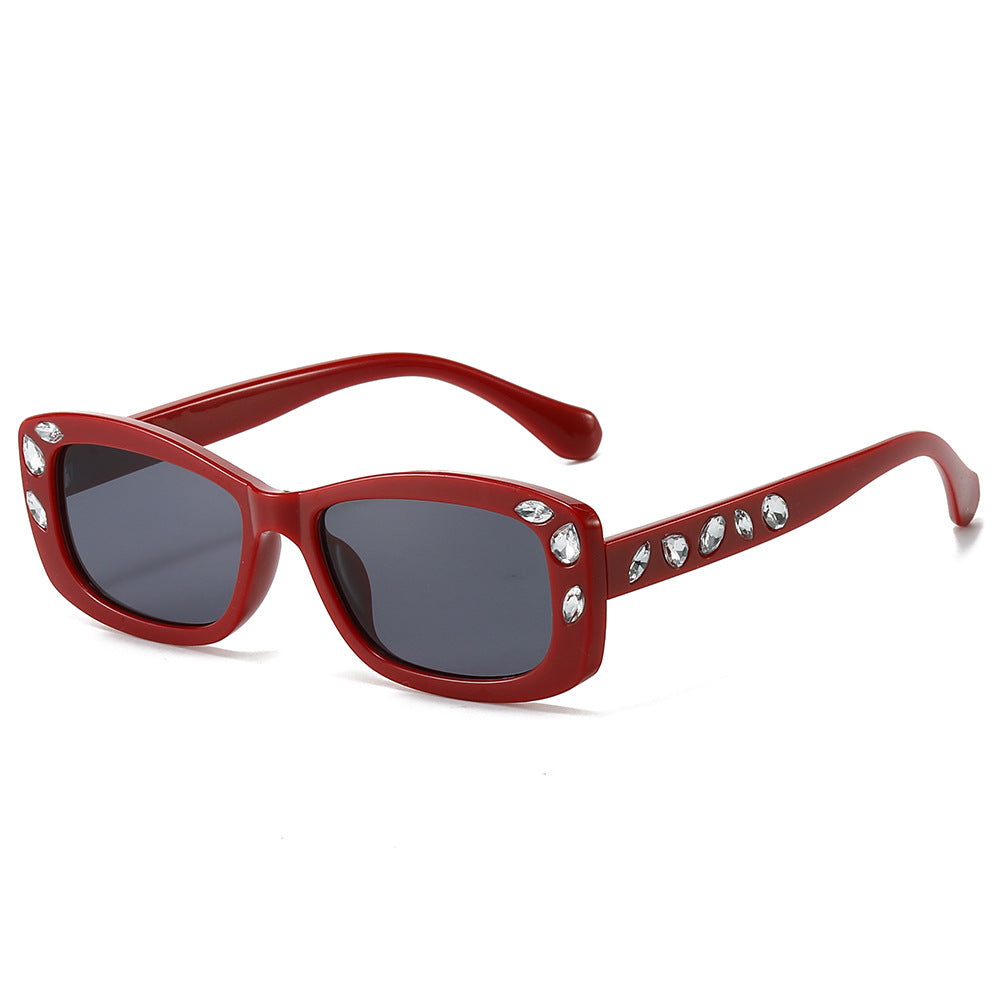 (6 PACK) Wholesale Sunglasses New Arrival Small Fashion Trendy Women Round Rhinestone Hip Hop Trendy 2024 - BulkSunglassesWholesale.com - Red Frame Black Lens