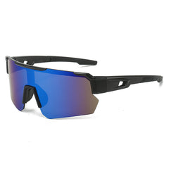 (12 PACK) Wholesale Sports Sunglasses New Arrival Outdoor Windproof Unisex Cycling Sport 2024 - BulkSunglassesWholesale.com - Matt Black Blue Mirrored