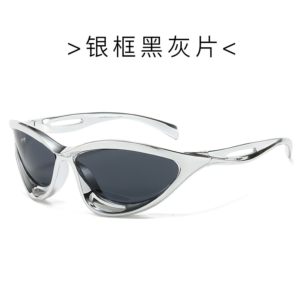 (6 PACK) Wholesale Sunglasses New Arrival Trendy Fashion Sport New Arrival Cycling Hollow 2024 - BulkSunglassesWholesale.com - Silver Frame Black Black Lens