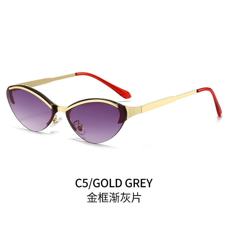 (6 PACK) Wholesale Sunglasses New Arrival Trendy Metal Rimless Cat Eye Women Fashion Trendy 2024 - BulkSunglassesWholesale.com - Gold Frame Gradient Black Lens
