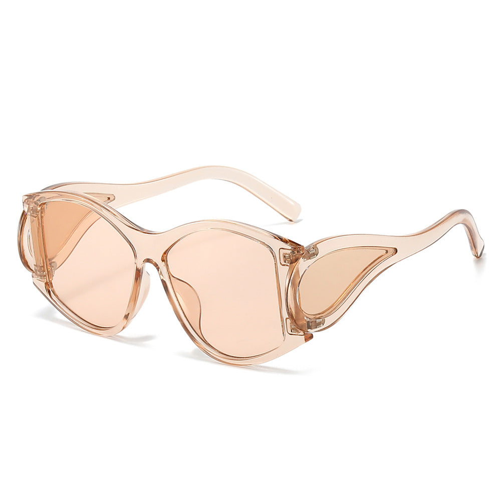 (6 PACK) Wholesale Sunglasses New Arrival Round Oversized Unique Punk Fashion Women 2024 - BulkSunglassesWholesale.com - Champagne Frame Tea Lens