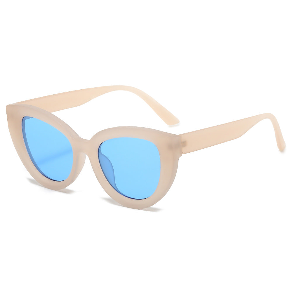 (6 PACK) Wholesale Sunglasses New Arrival Oversized Cat Eye Unique Fashion Street 2024 - BulkSunglassesWholesale.com - Clear Pink Frame Blue Lens