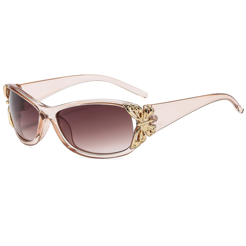 (6 PACK) Wholesale Sunglasses New Arrival Fashion Unique Butterfly Women 2024 - BulkSunglassesWholesale.com - Champagne Frame Gradient Tea Lens