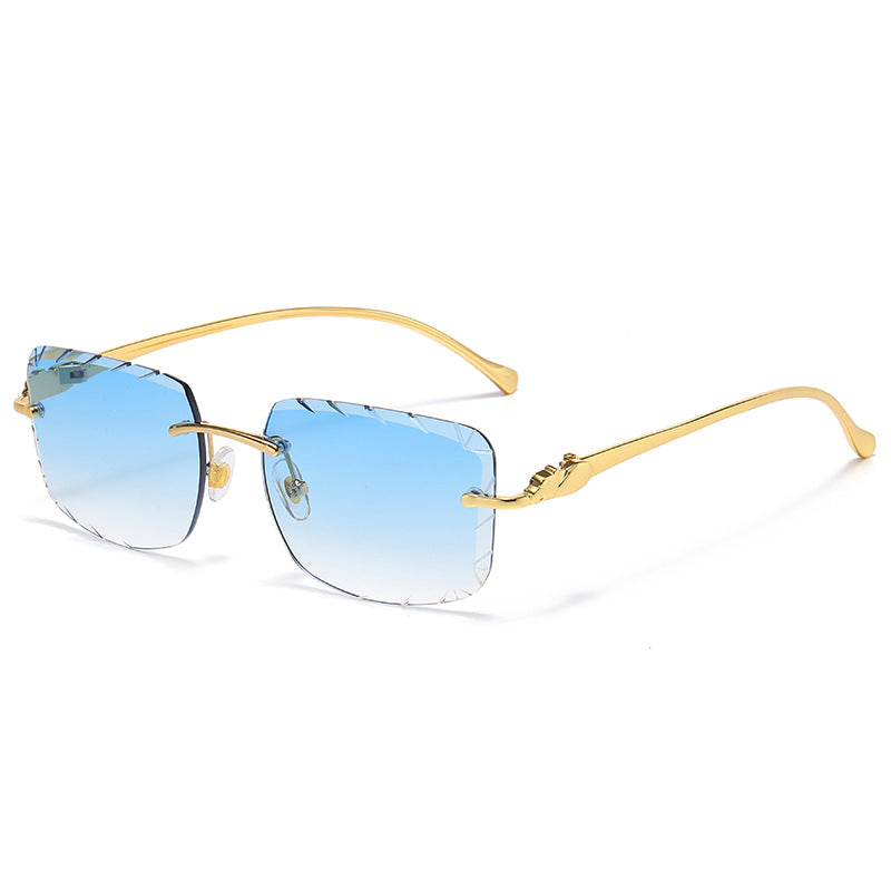 (6 PACK) Wholesale Sunglasses New Arrival Rimless Metal Cut Edge Unique Trendy Hip Hop Street 2025 - BulkSunglassesWholesale.com - Gold Frame Gradient Blue
