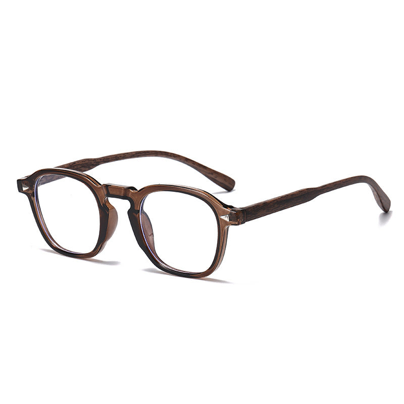 (6 PACK) Wholesale Eyeglasses Frames New Arrival Antiblue Light Fashion Rivet Korean Wood Grain Small Trendy 2025 - BulkSunglassesWholesale.com - Clear Tea Frame