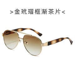 (6 PACK) Wholesale Sunglasses New Arrival Men Vintage Metal Aviator Double Bridge 2024 - BulkSunglassesWholesale.com - Gold Leopard Print Frame Gradient Tea Lens