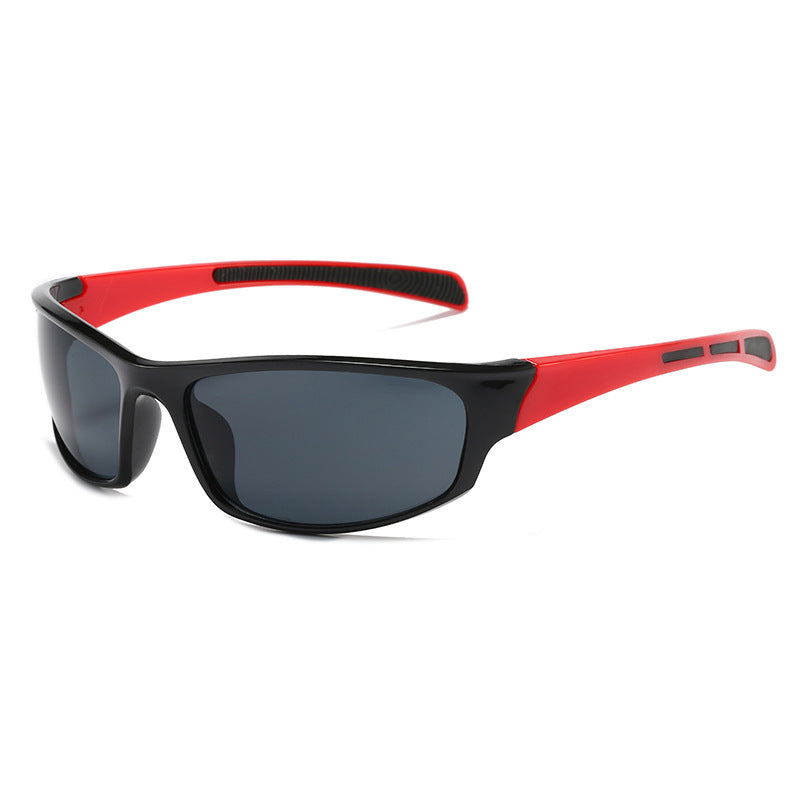 (12 PACK) Wholesale Sports Sunglasses New Arrival Unisex Outdoor Sport Cycling 2024 - BulkSunglassesWholesale.com - Black Frame Red Temple Black Lens