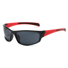 (12 PACK) Wholesale Sports Sunglasses New Arrival Unisex Outdoor Sport Cycling 2024 - BulkSunglassesWholesale.com - Black Frame Red Temple Black Lens