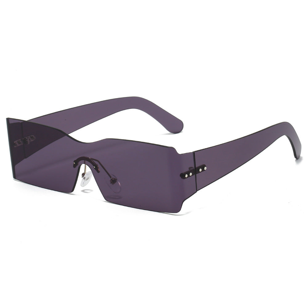 (6 PACK) Wholesale Sunglasses New Arrival One Piece Unique Square Rimless Rivet Fashion 2024 - BulkSunglassesWholesale.com - Purple Black Lens
