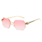 (6 PACK) Wholesale Sunglasses New Arrival Rimless Unique Leopard Head Polygon Cut Edge Fashion Women 2024 - BulkSunglassesWholesale.com - Gold Frame Gradient Pink Lens