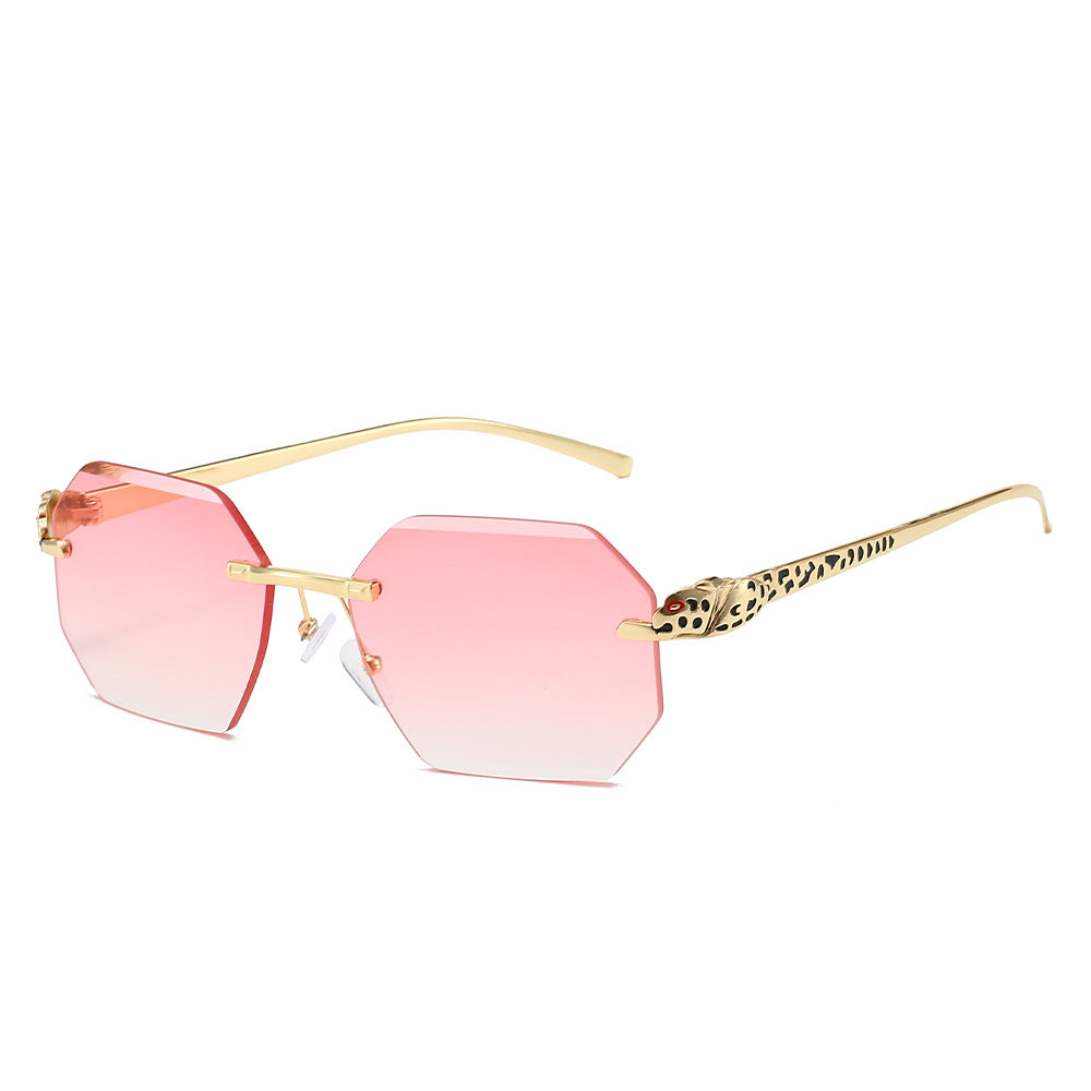 (6 PACK) Wholesale Sunglasses New Arrival Rimless Unique Leopard Head Polygon Cut Edge Fashion Women 2024 - BulkSunglassesWholesale.com - Gold Frame Gradient Pink Lens