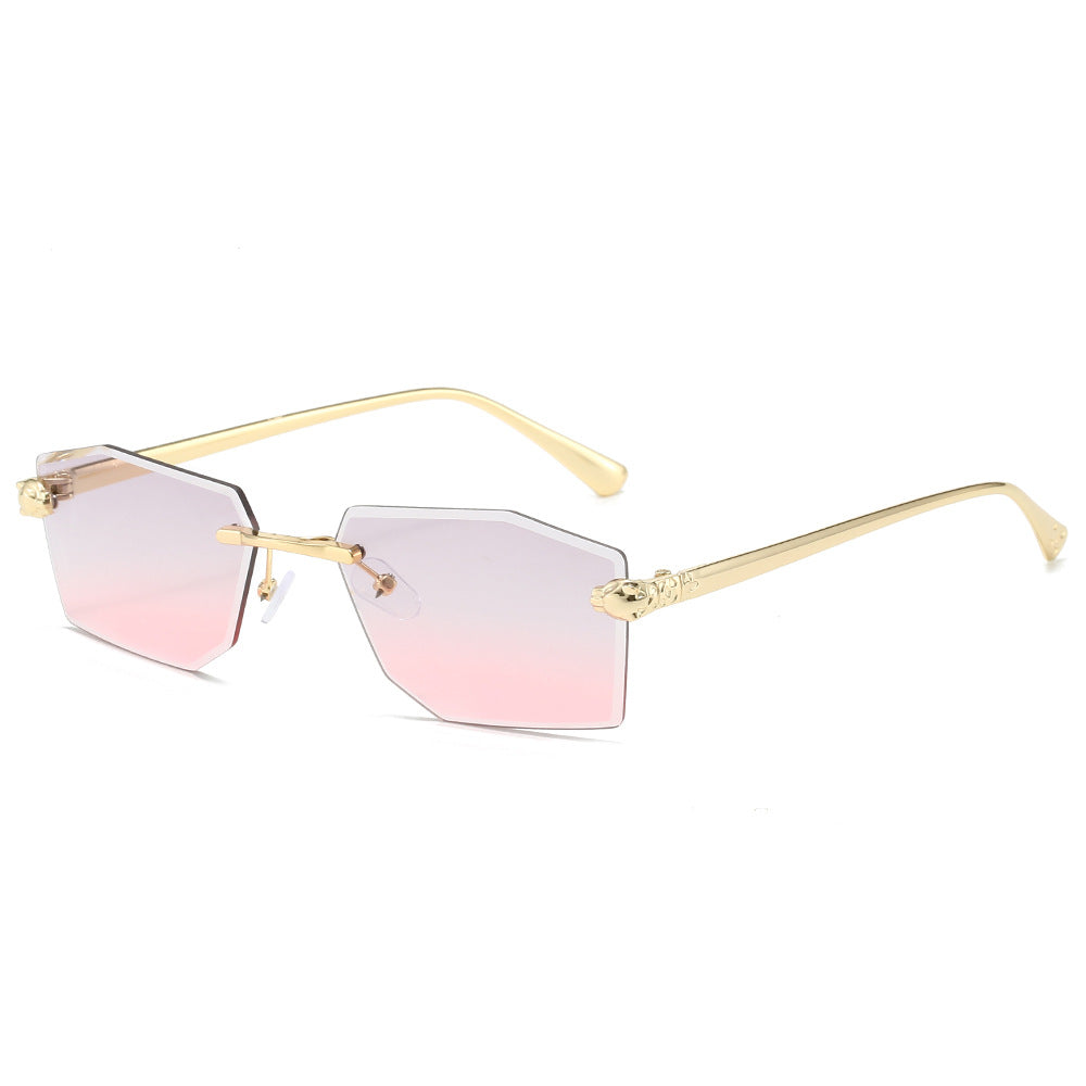 (6 PACK) Wholesale Sunglasses New Arrival Rimless Unique Fashion Cut Edge Metal Women 2024 - BulkSunglassesWholesale.com - Gold Frame Grey Pink Lens