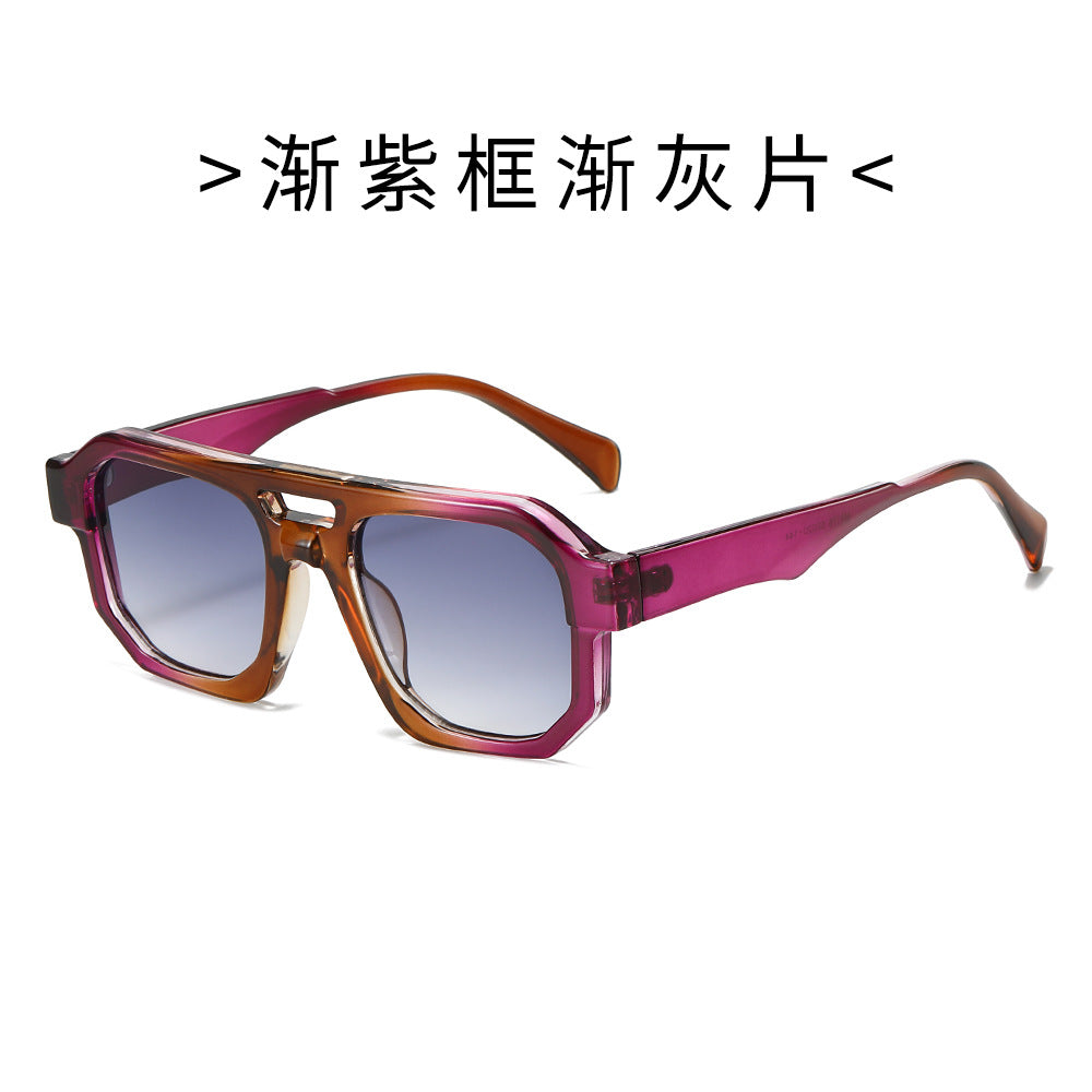 (6 PACK) Wholesale Sunglasses Double Bridge Trendy Unique Punk Fashion 2024 - BulkSunglassesWholesale.com - Gradient Purple Frame Gradient Black Lens