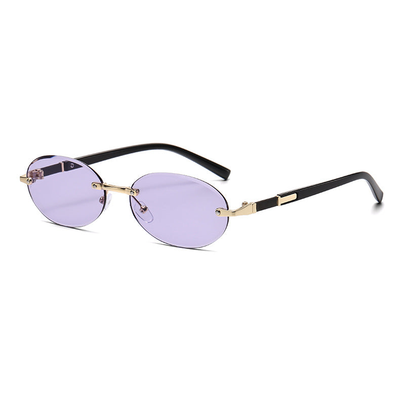 (6 PACK) Wholesale Sunglasses Trendy Cut Edge Unique Round New Arrival Rimless Hip Hop 2024 - BulkSunglassesWholesale.com - Purple Lens