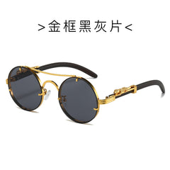 (6 PACK) Wholesale Sunglasses New Arrival Classic Vintage Double Bridge Leopard Head Men Metal Round 2024 - BulkSunglassesWholesale.com - Gold Frame Black Black Lens