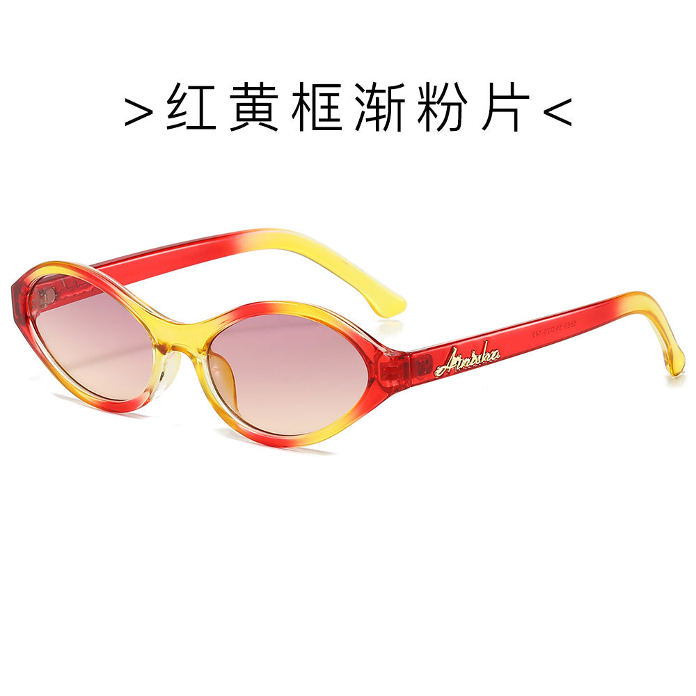 (6 PACK) Wholesale Sunglasses Vintage Unique Small Oval Trendy 2024 - BulkSunglassesWholesale.com - Red Yellow Frame Gradient Pink Lens