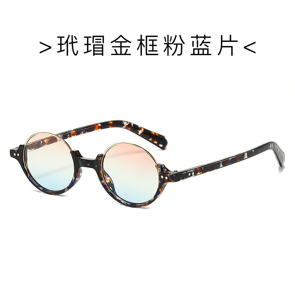 (6 PACK) Wholesale Sunglasses New Arrival Semirimless Round Vintage Trendy Unisex 2024 - BulkSunglassesWholesale.com - Leopard Print Gold Frame Pink Blue Lens