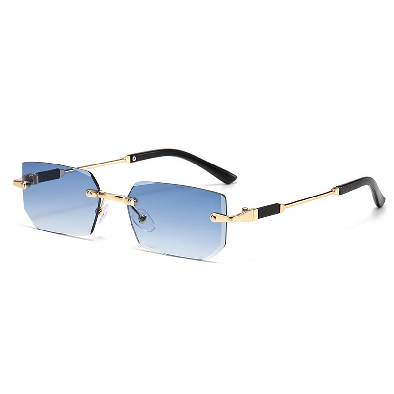 (6 PACK) Wholesale Sunglasses Rimless Polygon Cut Edge Fashion Trendy 2024 - BulkSunglassesWholesale.com - Gold Frame Gradient Blue