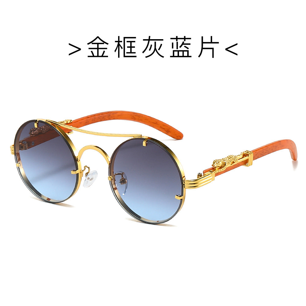 (6 PACK) Wholesale Sunglasses New Arrival Classic Vintage Double Bridge Leopard Head Men Metal Round 2024 - BulkSunglassesWholesale.com - Gold Frame Grey Blue Lens