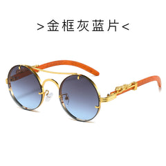 (6 PACK) Wholesale Sunglasses New Arrival Classic Vintage Double Bridge Leopard Head Men Metal Round 2024 - BulkSunglassesWholesale.com - Gold Frame Grey Blue Lens