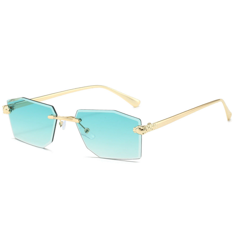 (6 PACK) Wholesale Sunglasses New Arrival Rimless Unique Fashion Cut Edge Metal Women 2024 - BulkSunglassesWholesale.com - Gold Frame Gradient Green Lens