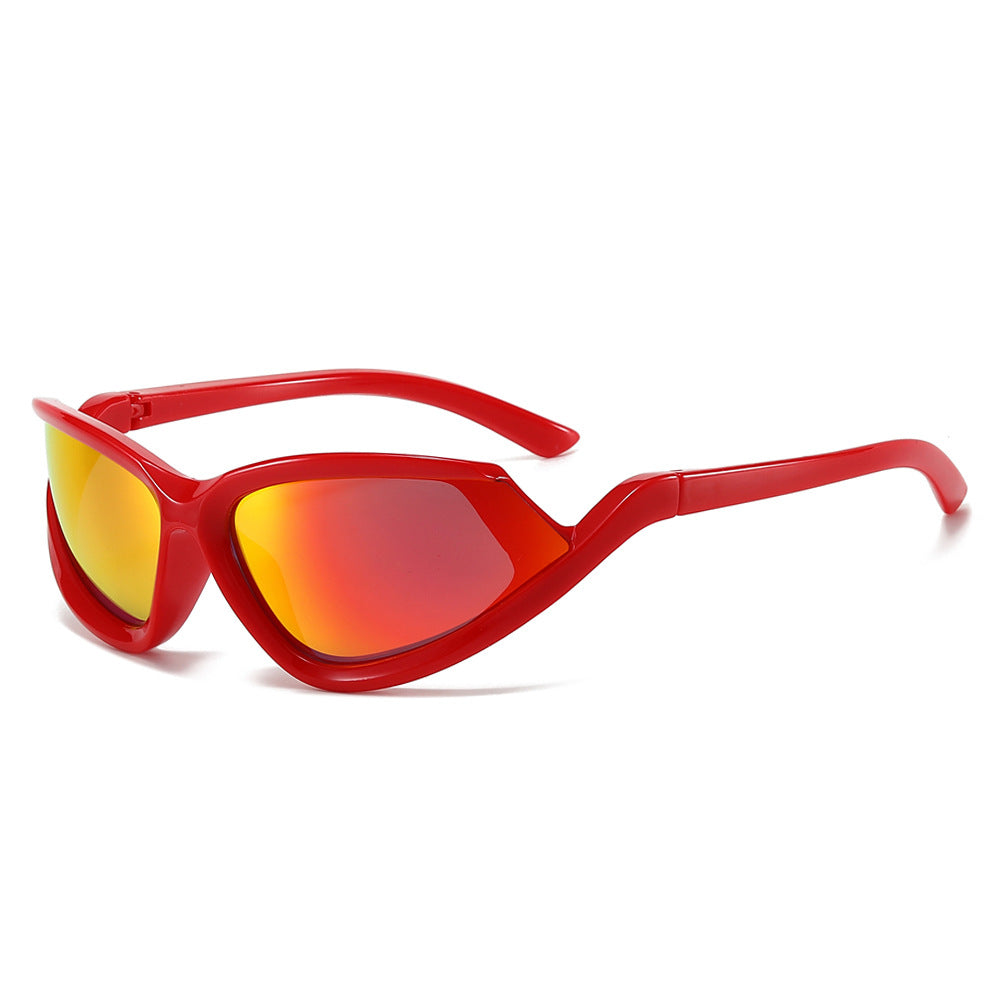 (6 PACK) Wholesale Sunglasses New Arrival Cat Eye Unique Mirrored Hip Hop Sport Fashion 2024 - BulkSunglassesWholesale.com - Red Frame Red Lens
