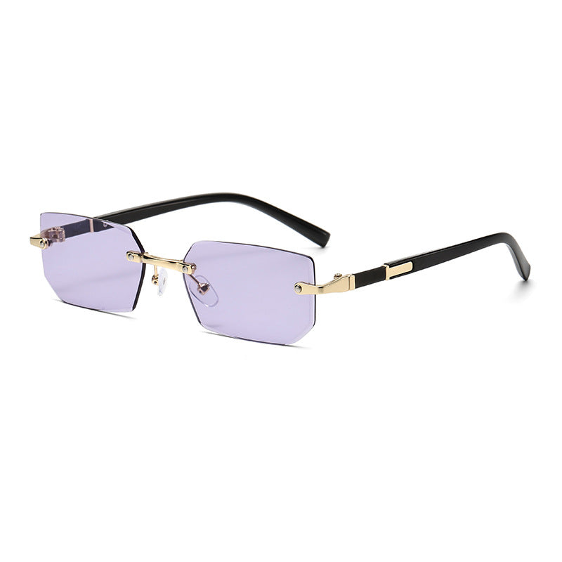 (6 PACK) Wholesale Sunglasses New Arrival Rimless Fashion Trendy Cut Edge 2024 - BulkSunglassesWholesale.com - Gold Frame Purple Lens