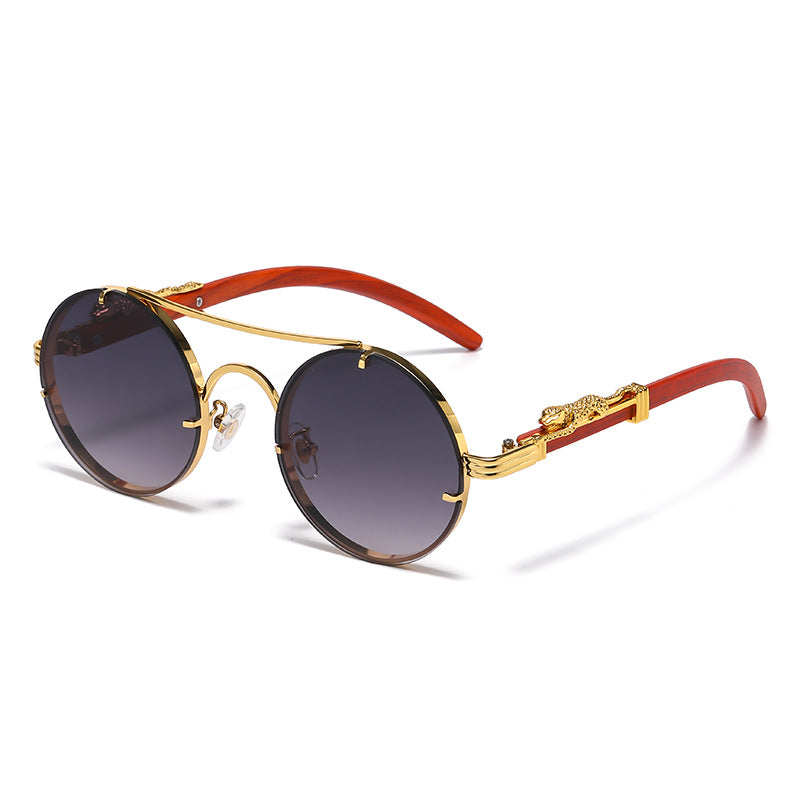 (6 PACK) Wholesale Sunglasses New Arrival Unique Round Metal Fashion Double Bridge Leopard Head 2025 - BulkSunglassesWholesale.com - Gold Frame Gradient Grey