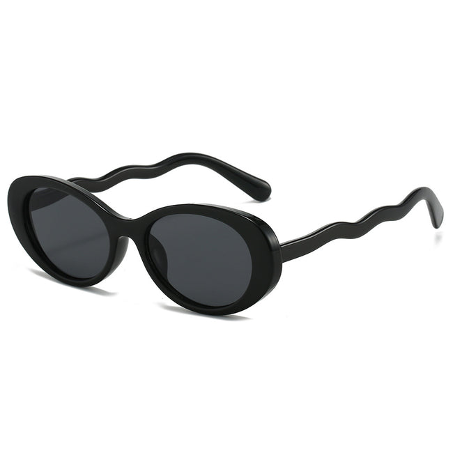 (6 PACK) Wholesale Sunglasses Fashion Oval Vintage Trendy Women 2024 - BulkSunglassesWholesale.com - Shiny Black Frame Black Lens Hover Image