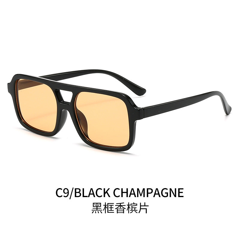 (6 PACK) Wholesale Sunglasses Double Bridge Women Fashion Trendy Square Street Vintage 2024 - BulkSunglassesWholesale.com - Black Frame Champagne Lens
