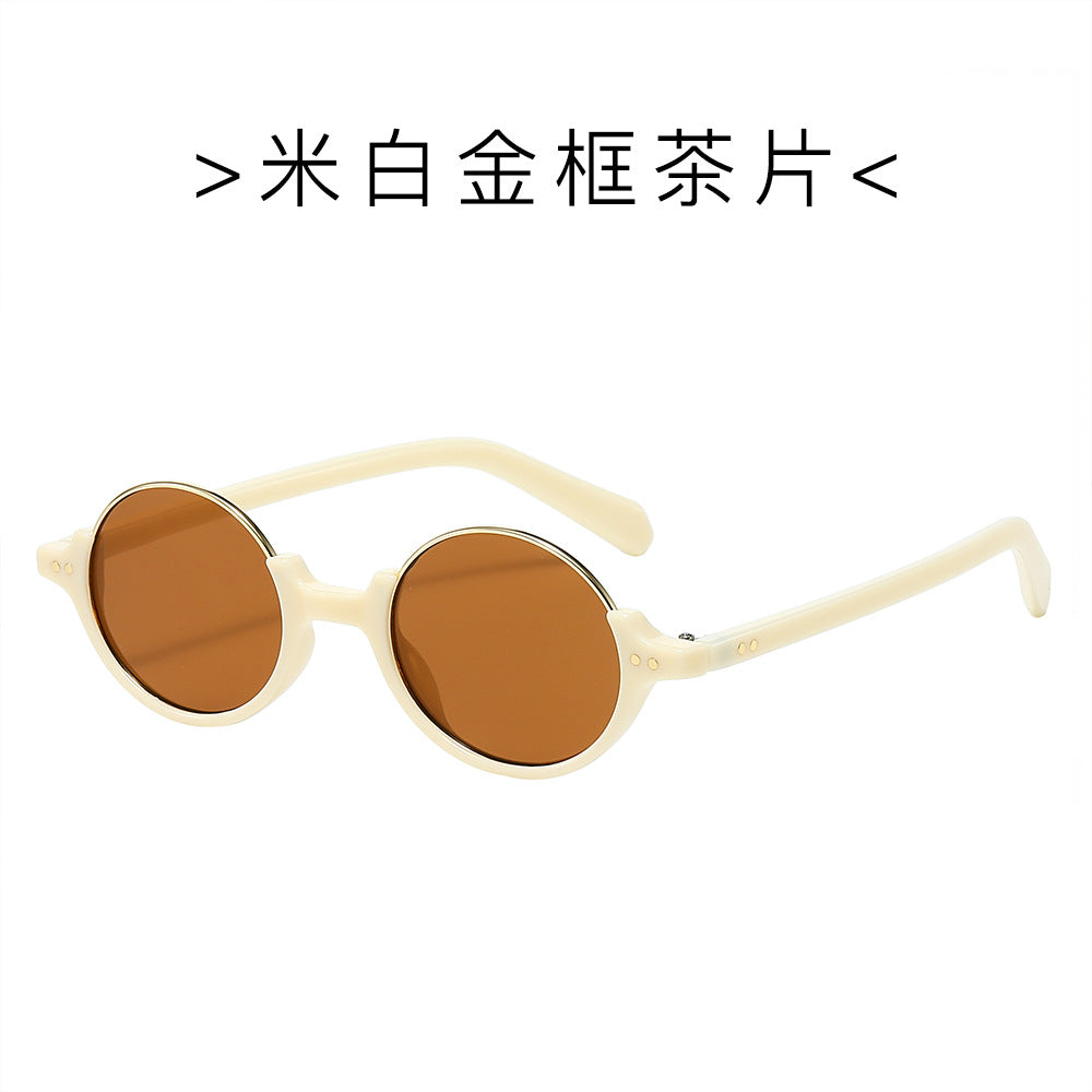 (6 PACK) Wholesale Sunglasses New Arrival Semirimless Round Vintage Trendy Unisex 2024 - BulkSunglassesWholesale.com - Beige White Gold Frame Tea Lens