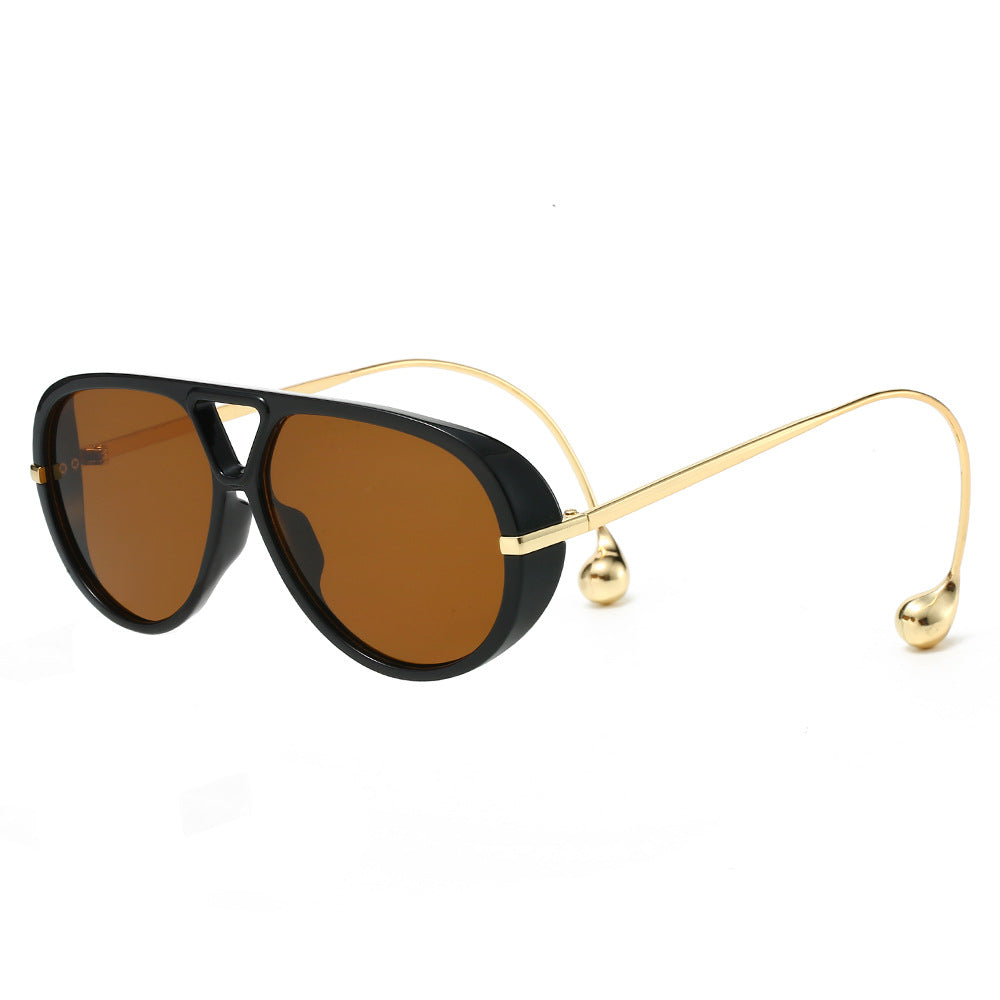 (6 PACK) Wholesale Sunglasses Fashion Aviator Double Bridge Oversized Metal New Arrival Women 2025 - BulkSunglassesWholesale.com - Black Frame Tea Lens