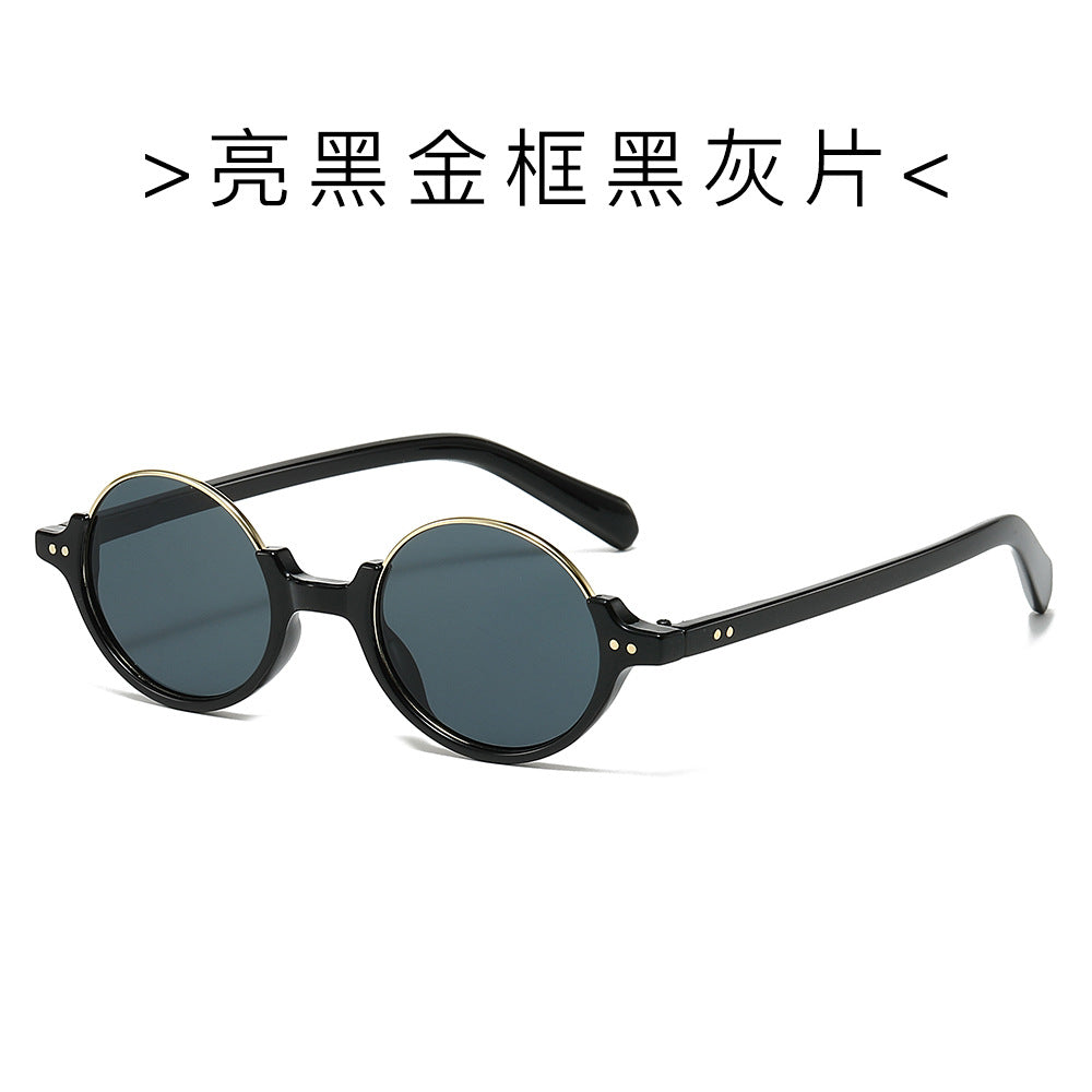 (6 PACK) Wholesale Sunglasses New Arrival Semirimless Round Vintage Trendy Unisex 2024 - BulkSunglassesWholesale.com - Shiny Black Gold Frame Black Black Lens