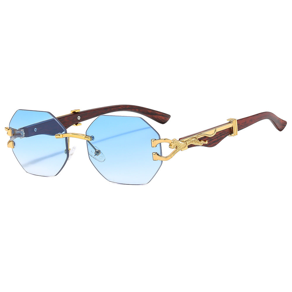 (6 PACK) Wholesale Sunglasses Rimless Cut Edge Fashion Square Trendy 2024 - BulkSunglassesWholesale.com - Gold Frame Gradient Blue Lens
