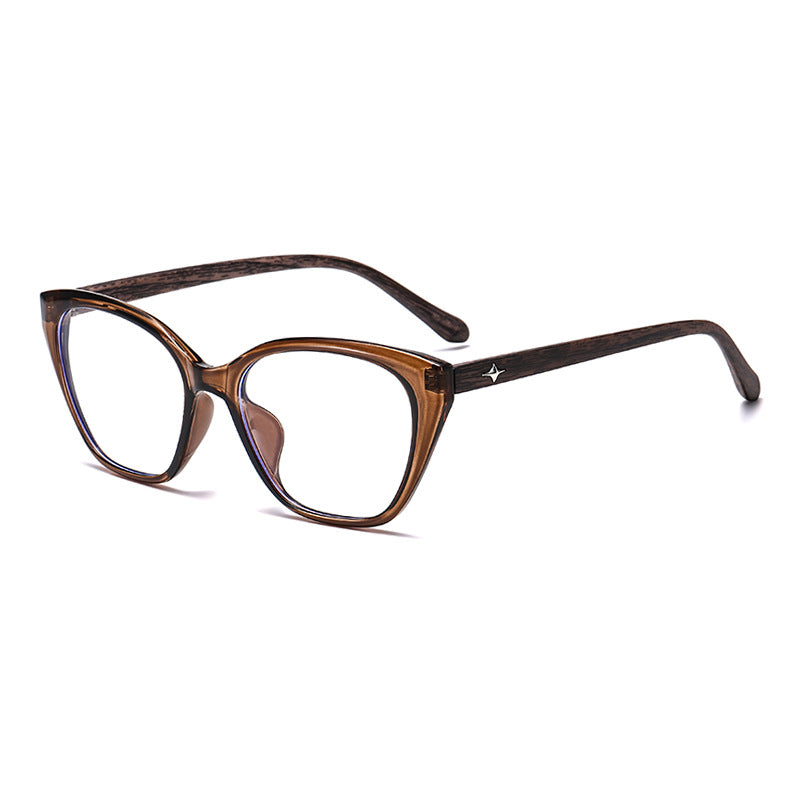 (6 PACK) Wholesale Eyeglasses Frames Classic Vintage Cat Eye TR Women Korean Star Wood Grain Antiblue Light 2025 - BulkSunglassesWholesale.com - Clear Tea Frame