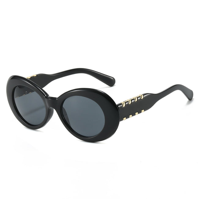 (6 PACK) Wholesale Sunglasses New Arrival Oval Fashion Unique Women 2025 - BulkSunglassesWholesale.com - Shiny Black Frame Black Lens Hover Image