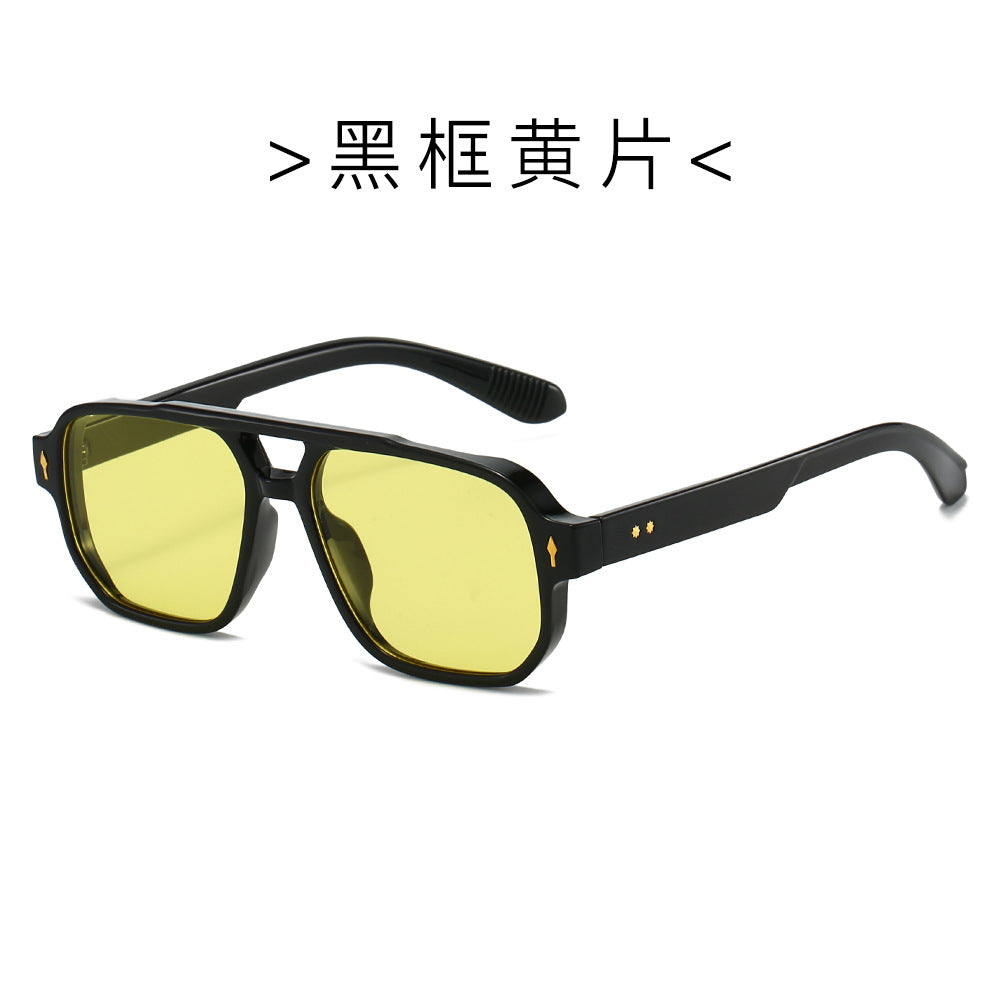 (6 PACK) Wholesale Sunglasses New Arrival Fashion Double Bridge Rivet Vintage 2024 - BulkSunglassesWholesale.com - Black Frame Yellow Lens