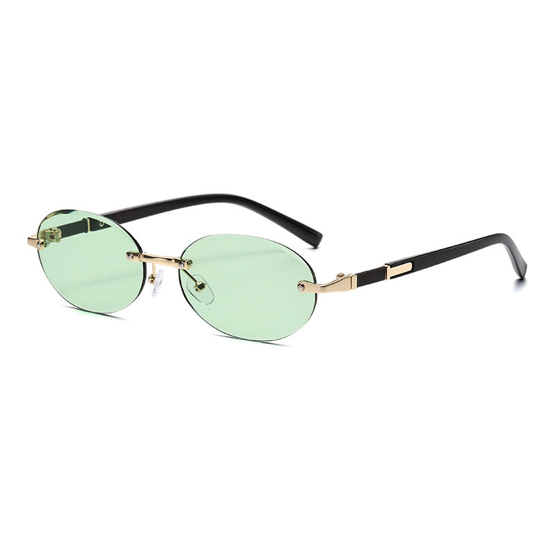 (6 PACK) Wholesale Sunglasses Trendy Cut Edge Unique Round New Arrival Rimless Hip Hop 2024 - BulkSunglassesWholesale.com - Green Lens